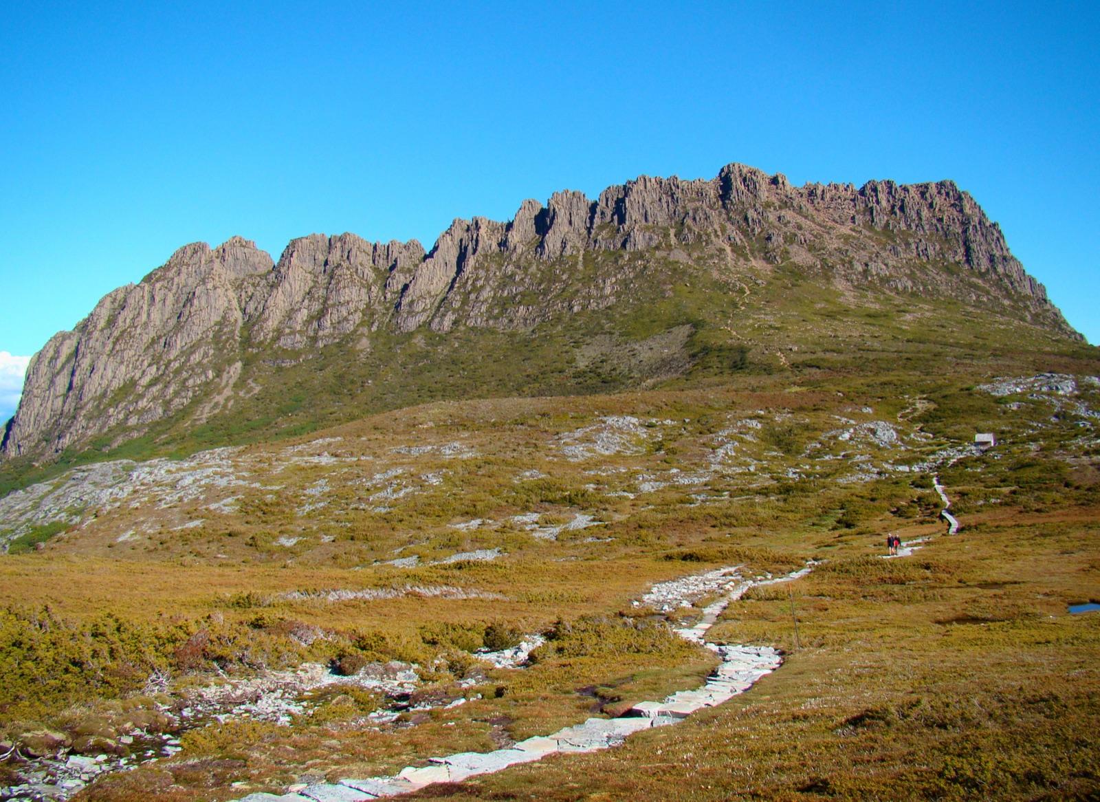 The Overland Track winding past Cradle Mountain near Kitchen Hut